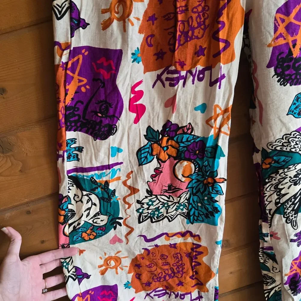 Milk & Honey Graphic Pant Wide Leg Boho Pinup Tropical Beachy Large Y2K Flowy - Picture 4 of 7